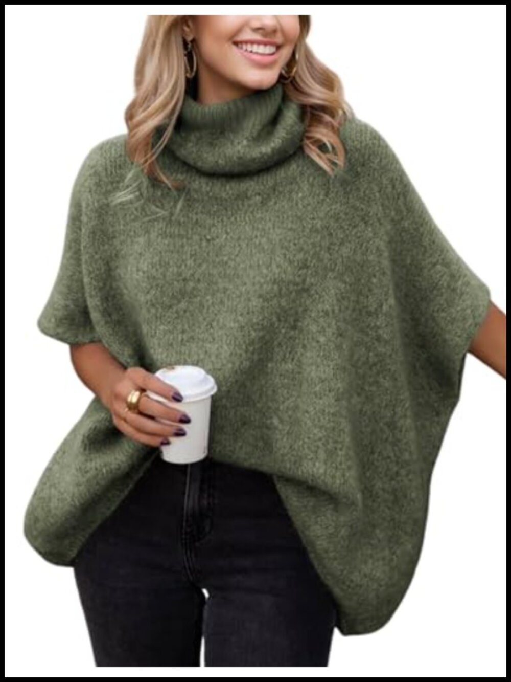 Oversized Chunky Knit Turtleneck Sweater with Batwing Sleeves